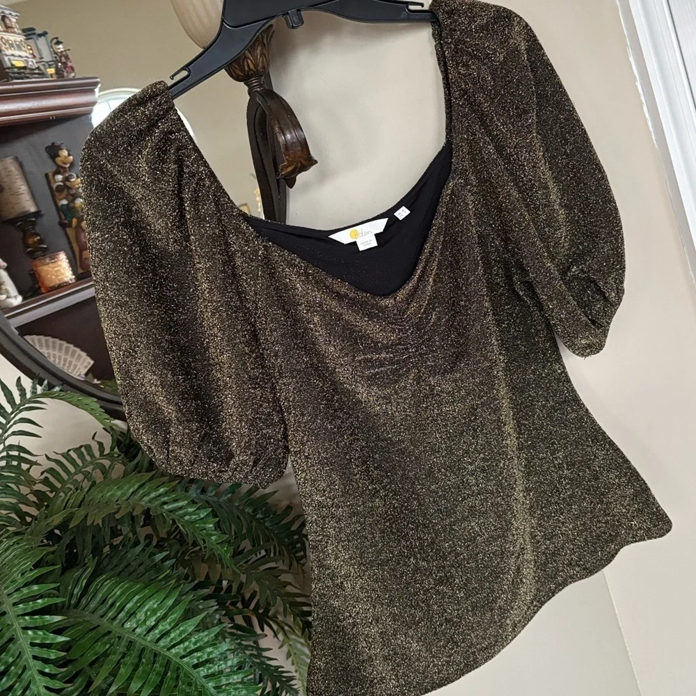 Boden Black Gold Metallic Sparkle Jersey Top Short Puff Sleeves Fitted Blouse